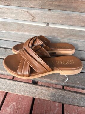 Italian Shoemakers Tan Brown Leather Crossover Slide Mules